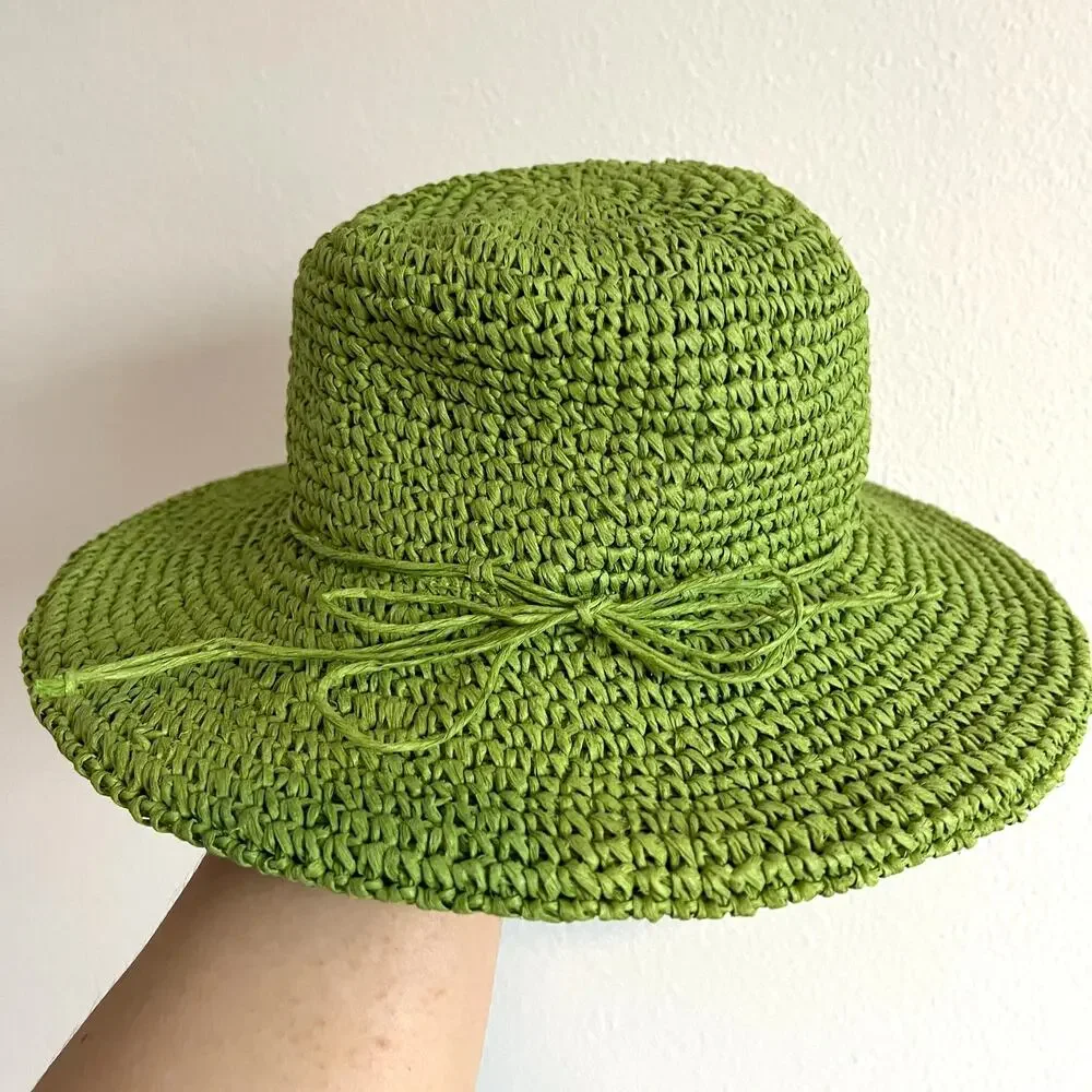 Cappelli Straworld Vibrant Green Hand-Knitted Raffia Sun Hat Cottagecore Beach
